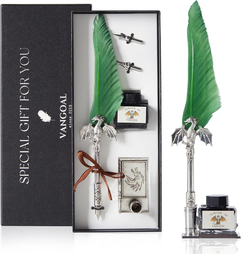 VANGOAL Dragon Quill Pen and Ink Set with Vintage Dragon Feather Pen Base, Retro Carving Dip Pen Calligraphy Gift Set for Writing, Drawing, Desktop Decoration (Green) - Image 1
